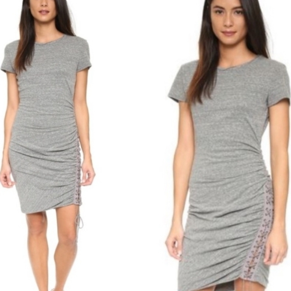 Pam & Gela Gray Lace Up Side Ruched Mini Shirt Dress Small